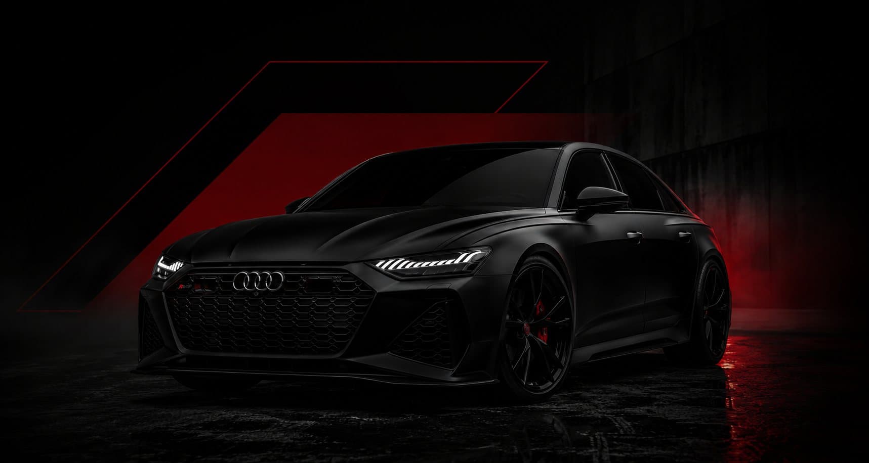 Schwarzer Audi RS 6 vor dunklem Hintergrund mit roten Lichtakzenten